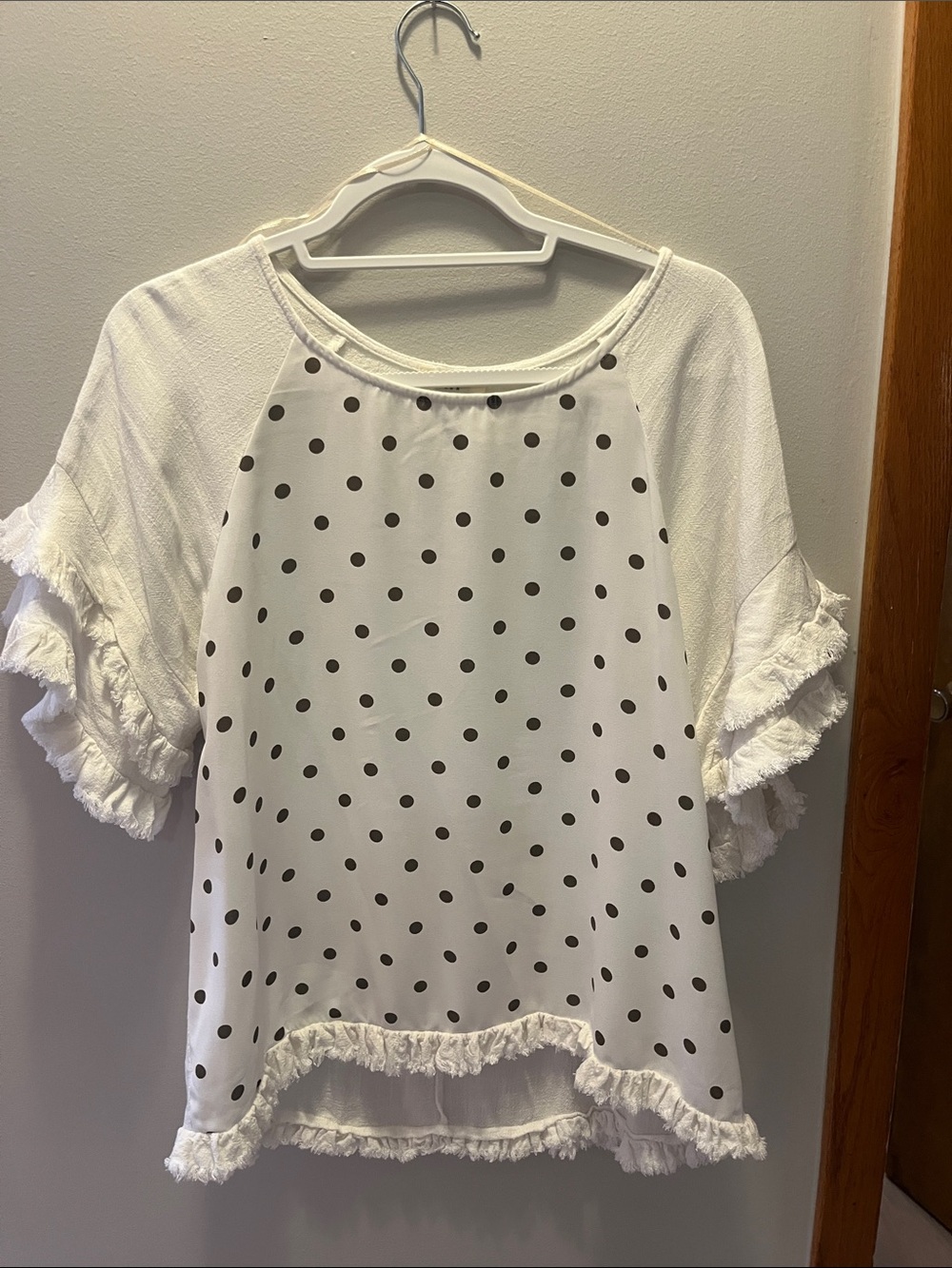 Umgee White with brown Polka Dot Ruffle Sleeve Top